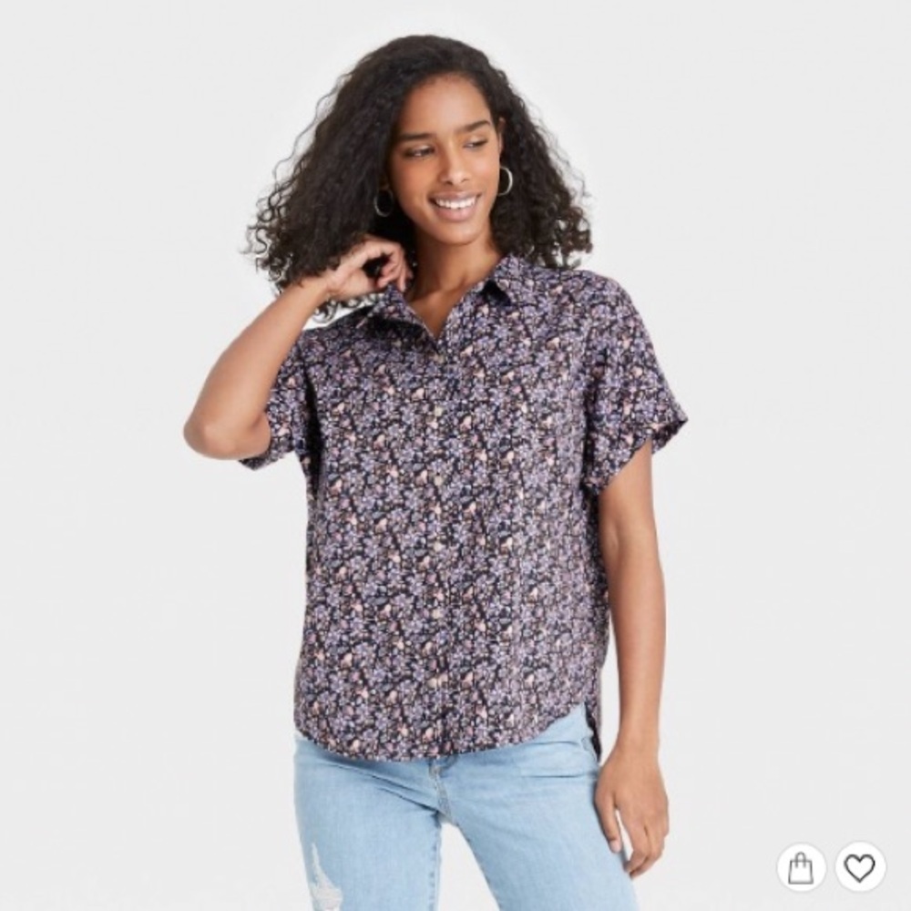 Universal Thread Women's Purple Floral Dolman Short Sleeve Button-Down Shirt